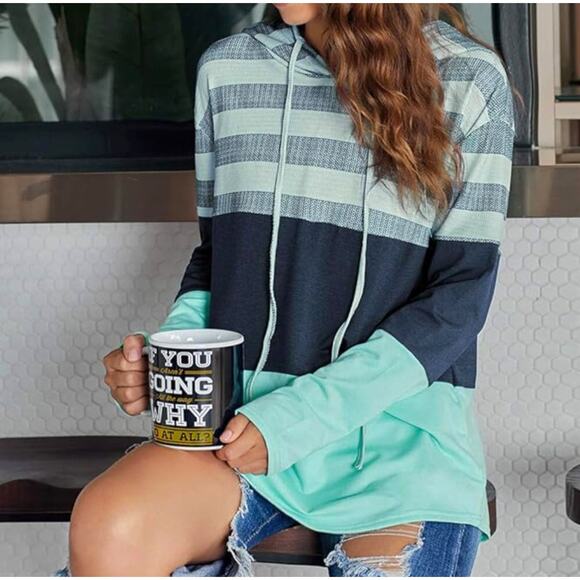 Pullover Hoodie Stripe Colorblock Womens Top Sz XL Green Blue Long Sleeve Shirt - Picture 14 of 16